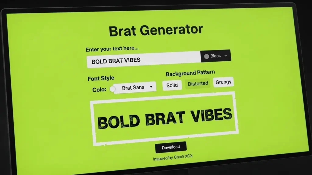 Brat Generator with Colors is a free tool inspired by Charli XCX that lets users create bold Brat-style text and visuals. It supports multiple background colors, instant downloads, and requires no design skills.
