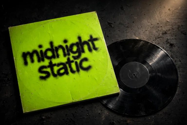 Lime-green brat-style album cover reading 'midnight static' on a vinyl record sleeve next to a vinyl record