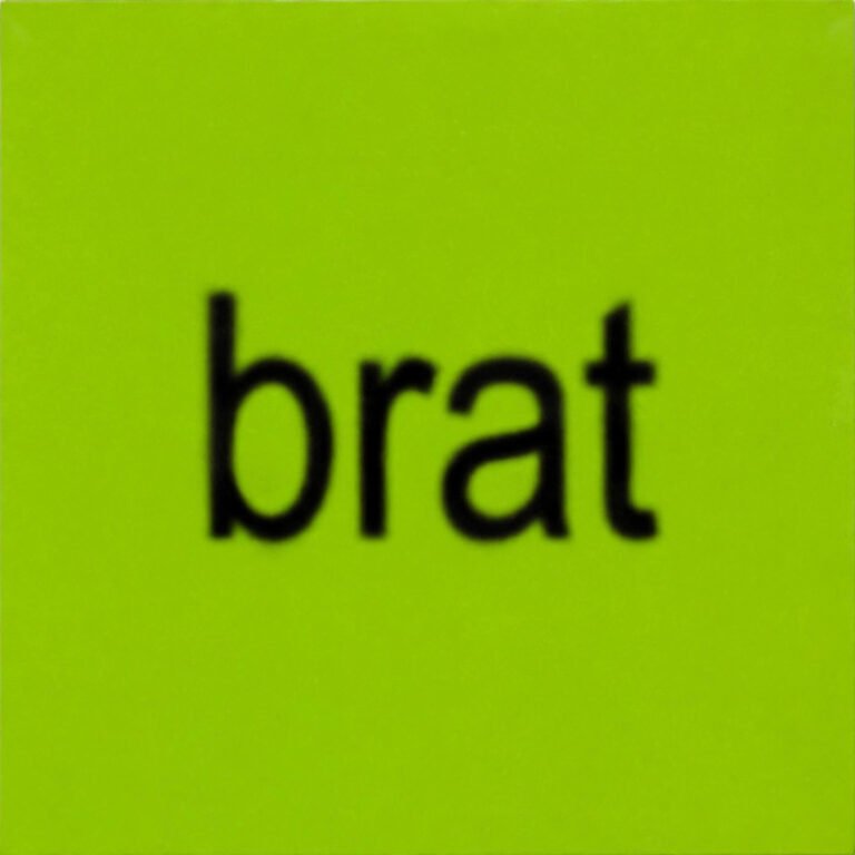Lime green square brat-style cover with blurry black lowercase text reading brat, made with the free brat font generator