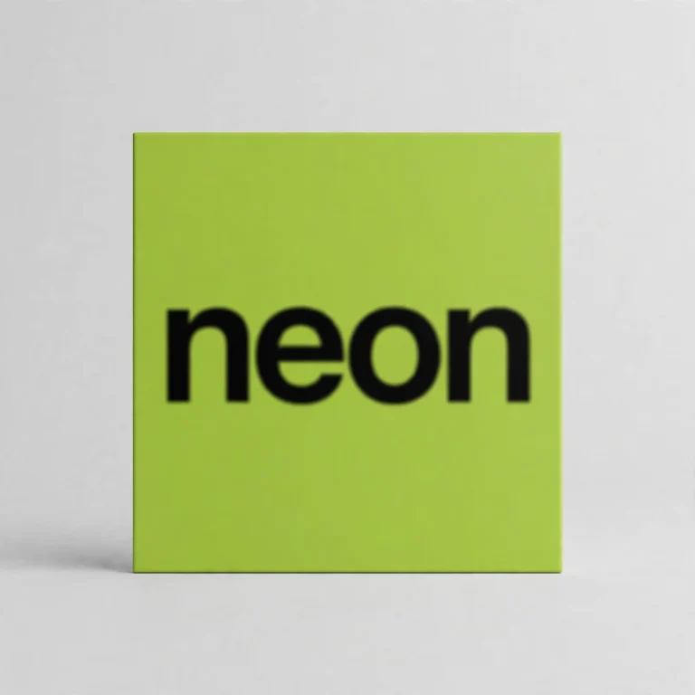 Lime-green square logo tile reading 'neon' in bold black lowercase text on a light grey background