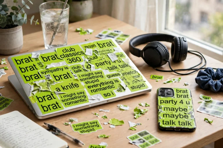 Laptop and phone covered in lime green brat-style stickers with blurry black words like brat and party 4 u on a wooden desk