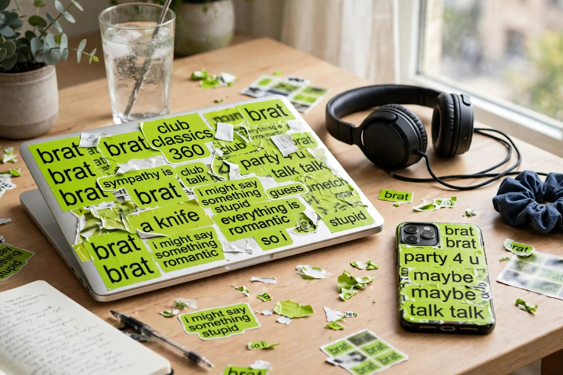 Laptop and phone covered in lime green brat-style stickers with blurry black words like brat and party 4 u on a wooden desk