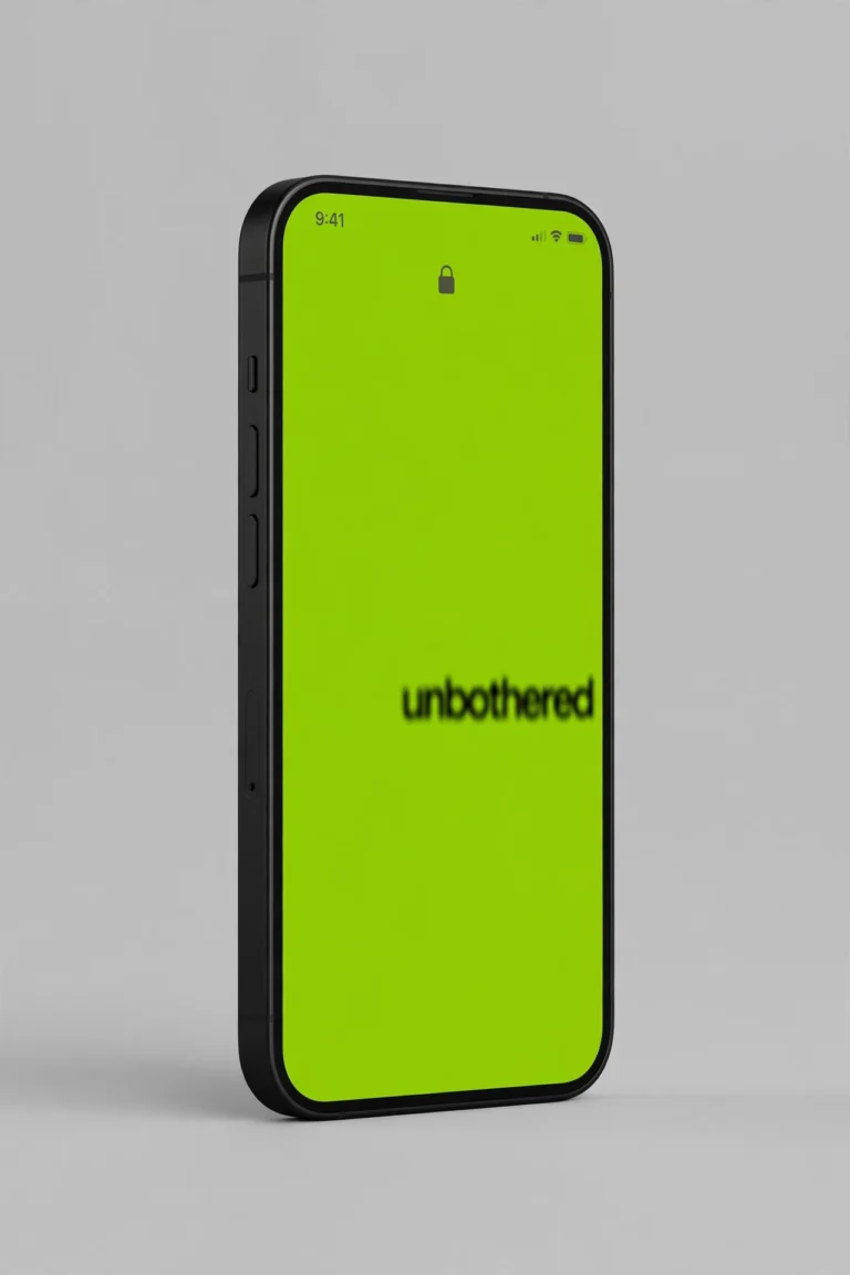 Lime green iPhone lock screen with blurry black lowercase text reading unbothered in the brat album aesthetic