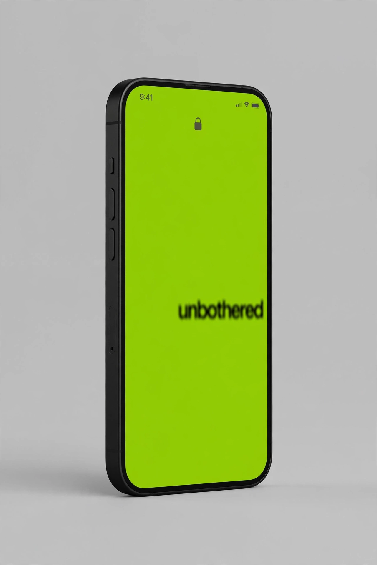Lime green iPhone lock screen with blurry black lowercase text reading unbothered in the brat album aesthetic