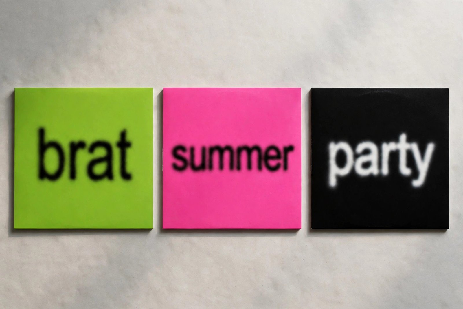 Three brat-style covers side by side: lime green with brat, hot pink with summer, black with party in blurry lowercase text