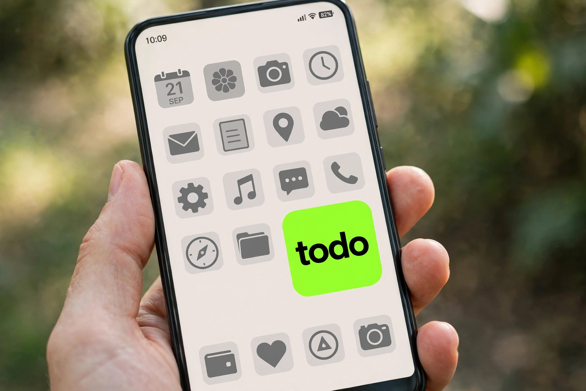 Hand holding a phone whose home screen shows a lime-green app icon reading 'todo' among grey app icons