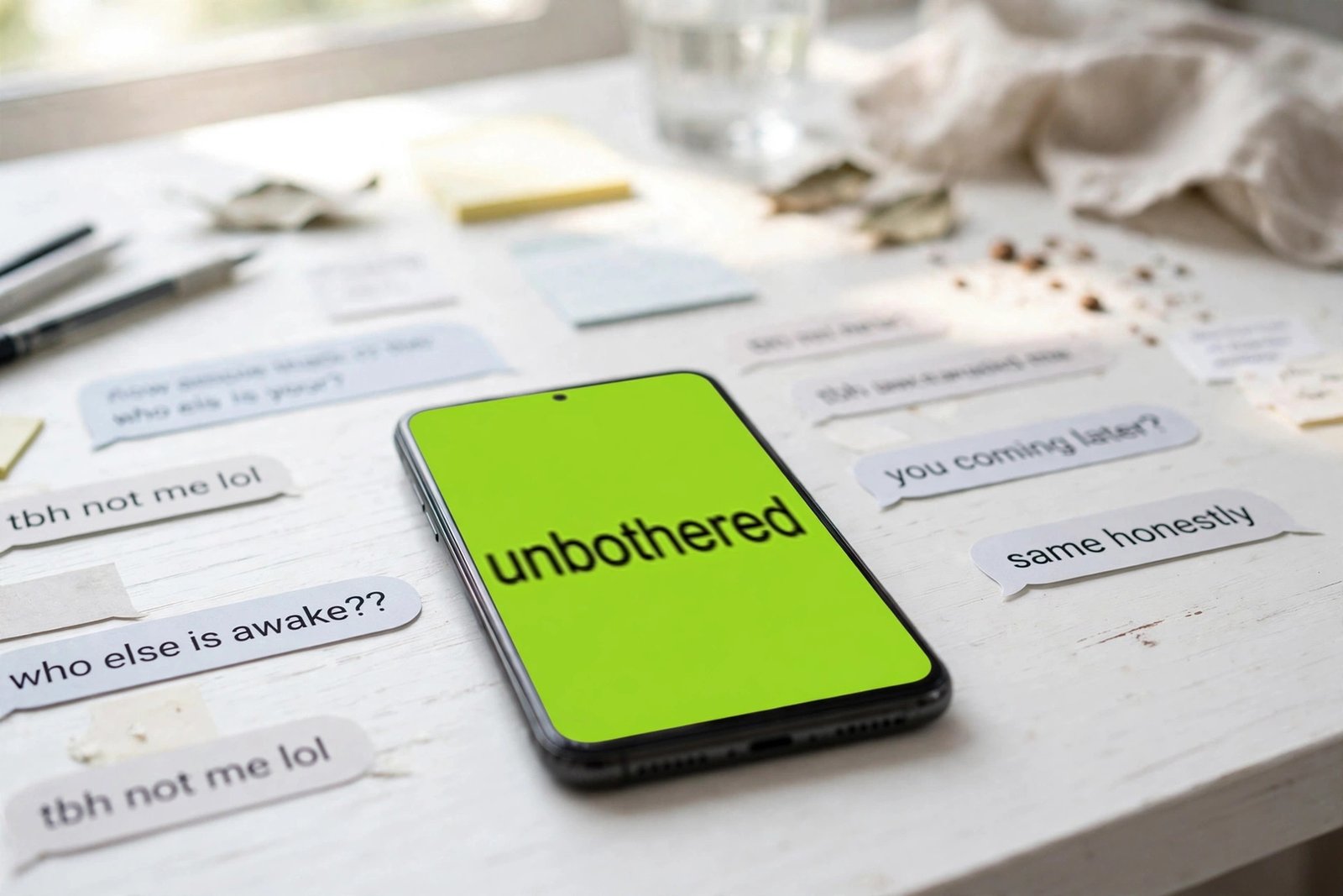 Smartphone on a white desk showing a lime green meme made with a brat meme generator, reading unbothered in a group chat