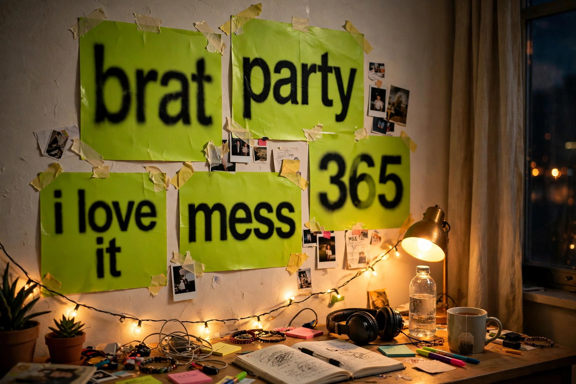 Bedroom wall decorated with posters made using a brat poster generator — lime green squares reading brat, party and 365 taped above a desk