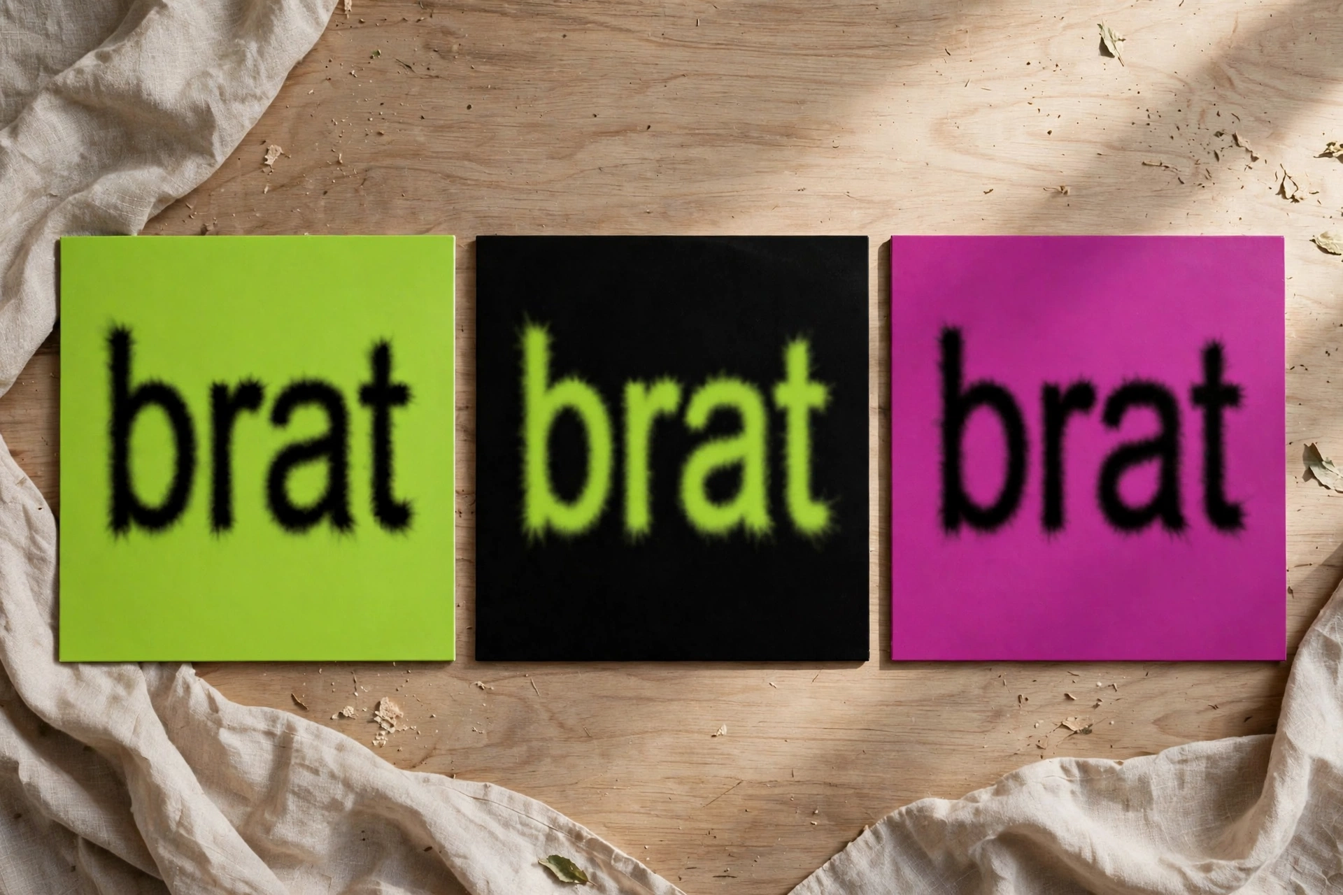 Three square album covers made with a brat album cover generator side by side on a wooden table: lime green with black brat text, black with lime-green brat text, and magenta with black brat text