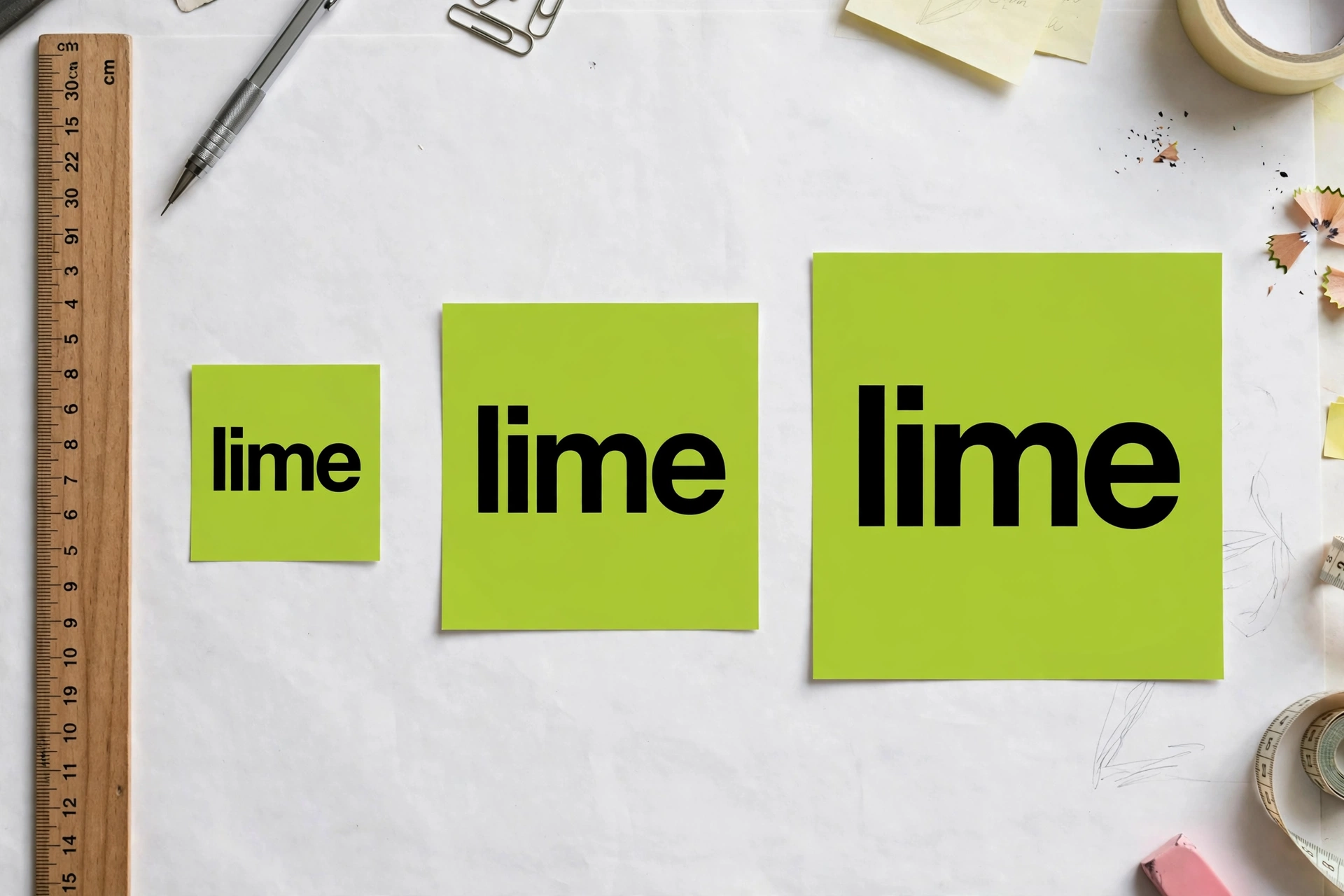 Three lime-green square logo tiles reading 'lime' at small, medium and large sizes on a designer's desk, made with a brat logo generator