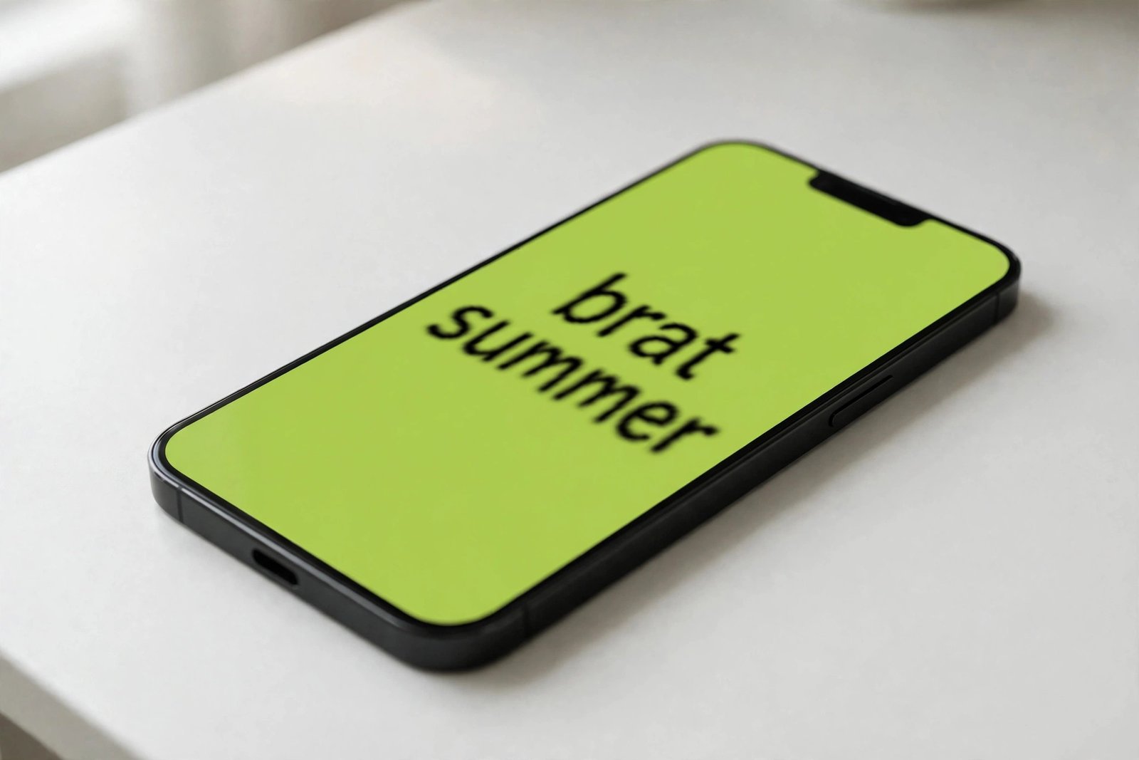 Smartphone on a white desk showing a lime green brat summer wallpaper