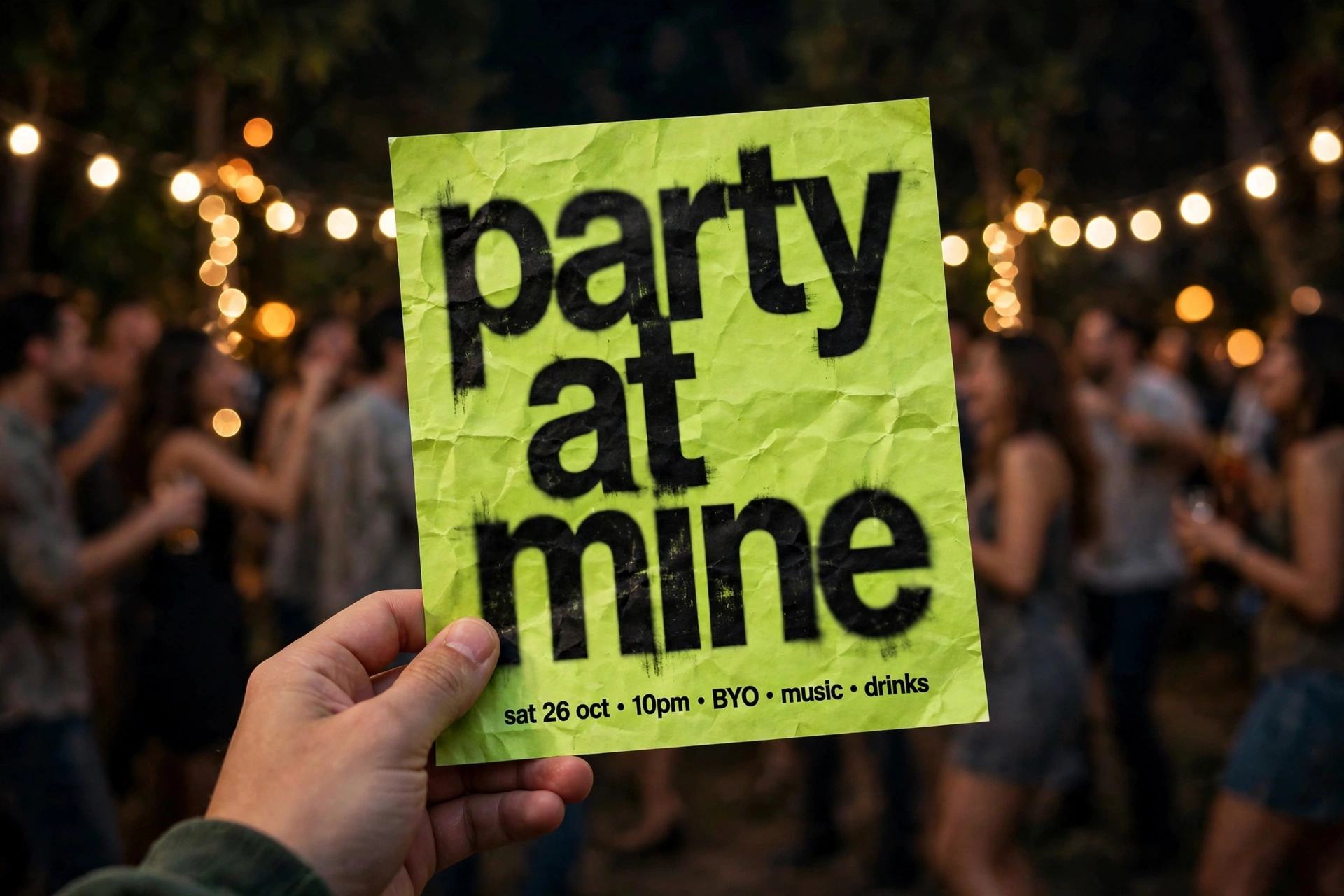 Hand holding a printed brat-style party poster with lime green background and bold black text reading party at mine in front of a party