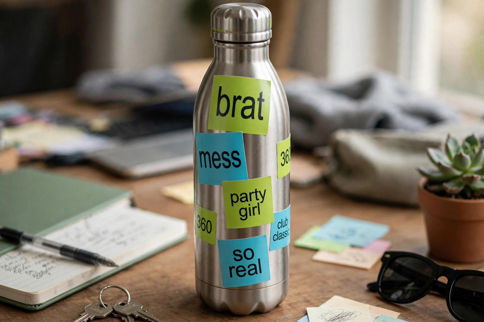 Stainless steel water bottle decorated with brat-style stickers reading brat, mess, party girl and so real on a desk