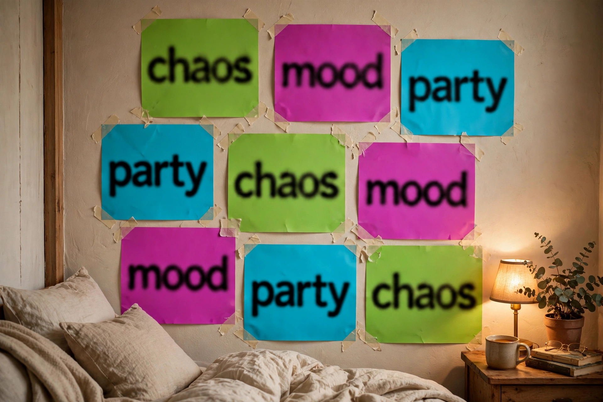 Bedroom wall covered in printed brat-style posters in green, magenta and cyan with words like chaos, mood and party
