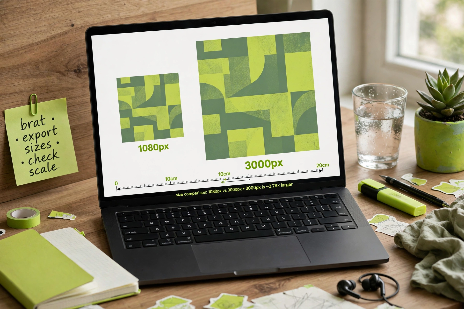Laptop screen comparing two album art sizes, a small square labeled 1080px and a much larger one labeled 3000px, with a ruler scale showing the size difference