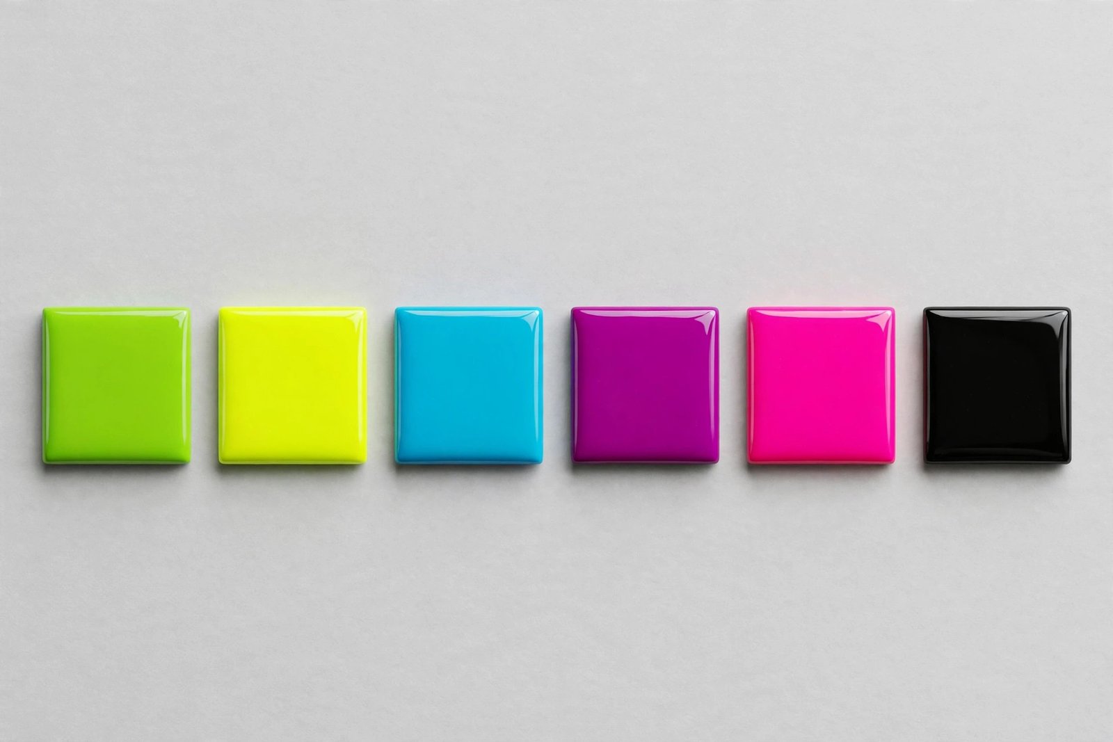 Six glossy color chips in brat palette colors: lime green, neon yellow, cyan, magenta, hot pink and black
