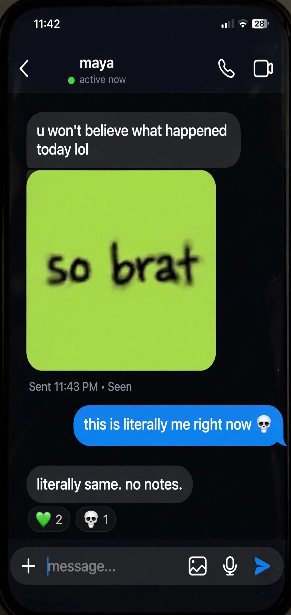 Phone screen showing a messaging app where a lime green brat-style meme was shared as a reaction