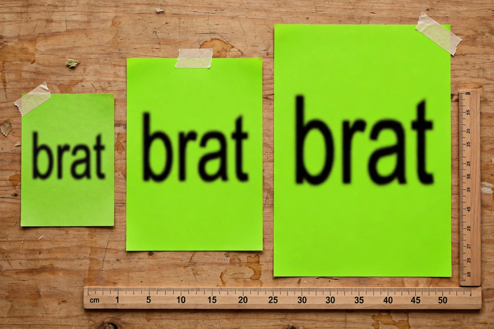 Three printed brat posters in small, medium and large sizes laid on a wooden table with a ruler showing the scale