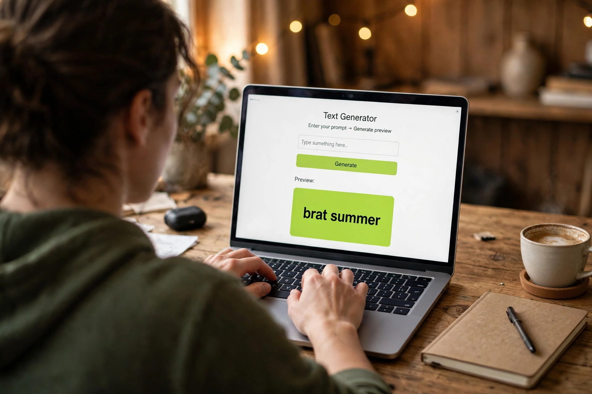 Person typing on a laptop showing a text generator page with a lime-green preview reading 'brat summer'