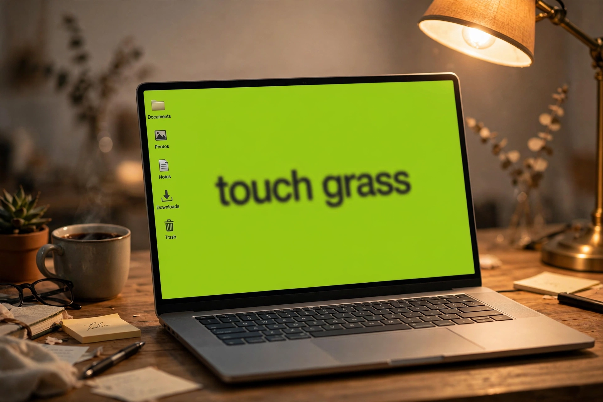 Laptop on a desk with a lime green brat-style desktop wallpaper reading touch grass